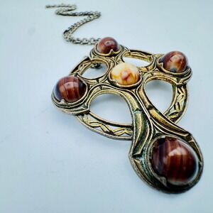 Miracle VTG Celtic Cross Pendant Brooch Glass Cabochon Necklace Gothic Britain